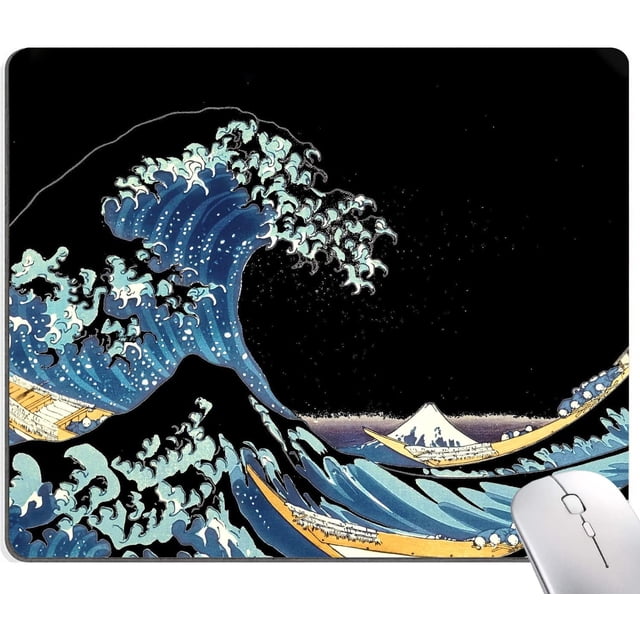 Japanese Sea Wave Square Mouse Pad Waterproof Non-Slip Rubber Base Stylish Desk Accessory for Computers & Laptops