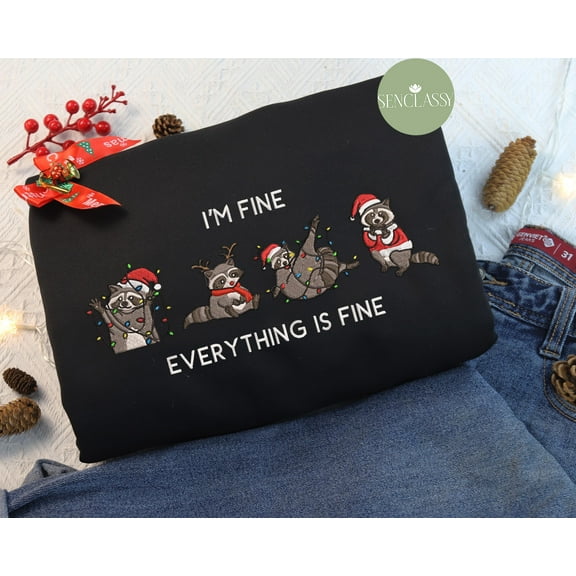 Embroidered I'm Fine Everything Is Fine Shirt Racoon Christmas Sweatshirt, Christmas Light Women Holiday Sweater, Funny Racoon Xmas Shirt