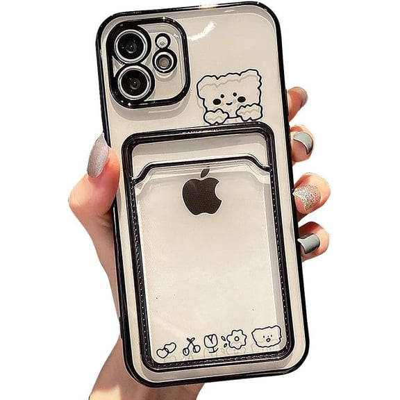 Compatible with iPhone Case,Cute Kawaii Bunny Bear Clear Credit Card Slot Holder Wallet Electro Plated Bumper Protection Soft Shockproof Cover Phone Case (Black,iPhone 14 Pro Max)