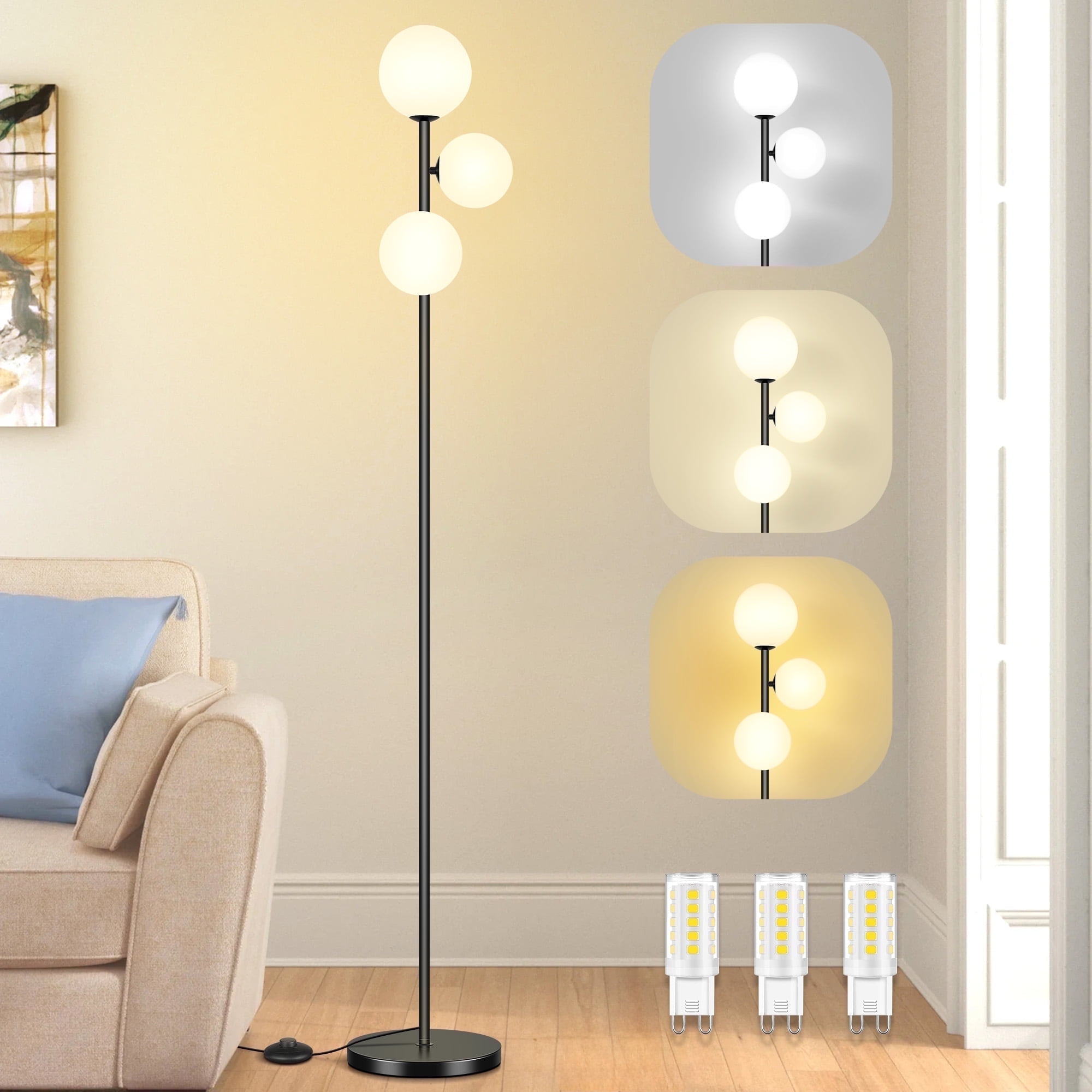OUTON 71" Globe Floor Lamp for Living Room Clearance, Modern 3 light Standing Lamp with 3 Colors Temperatures, Dimmable Tall Lamp for Bedroom Office, Bulbs Included, Black