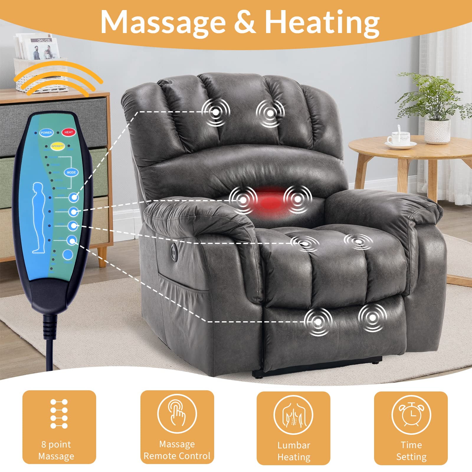 W WARMHOL Lay Flat Sleeping Dual Motor Electric Lift Recliner w/Heat Massage for Big People, Large Infinite Position Reclining Chair Up to 350 LBS for Living Room, 2 Remote Controls/USB Port, Grey