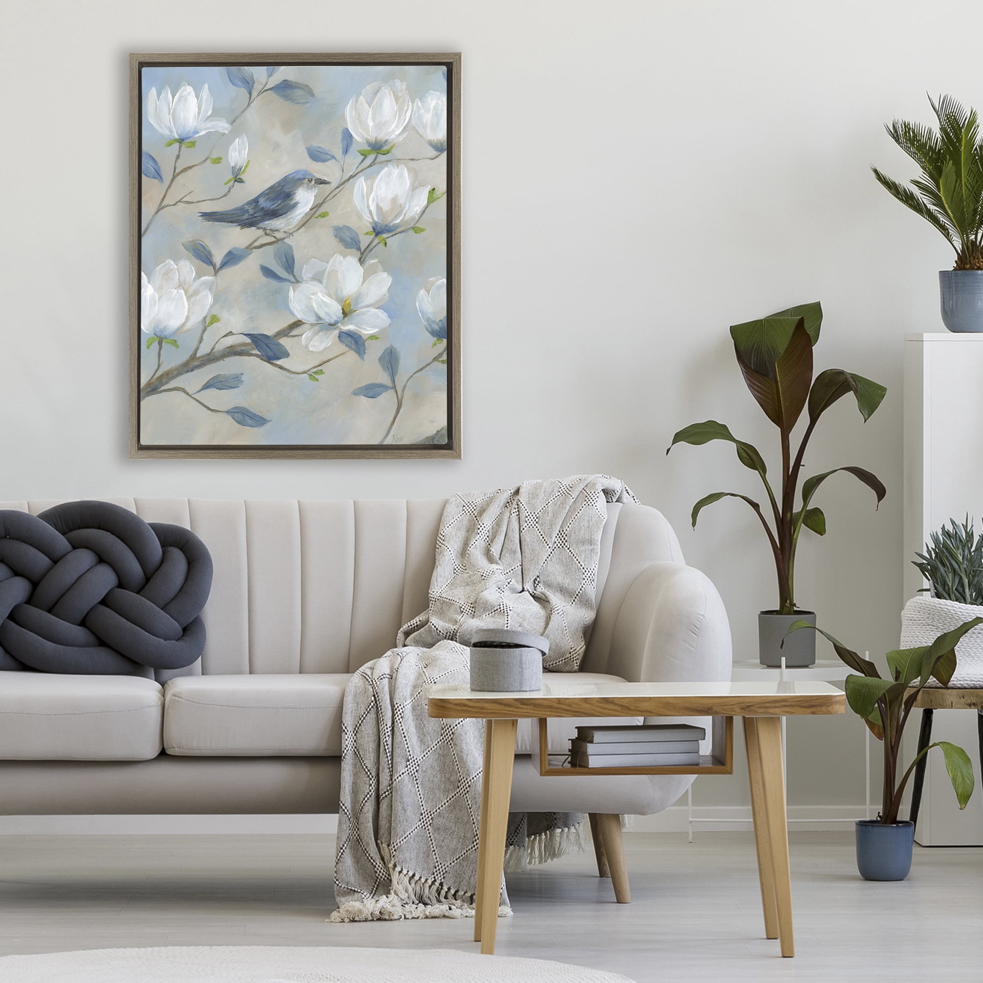 Stupell Industries Blue Bird & Magnolia Brown Framed Floater Canvas Wall Art, design by Nan