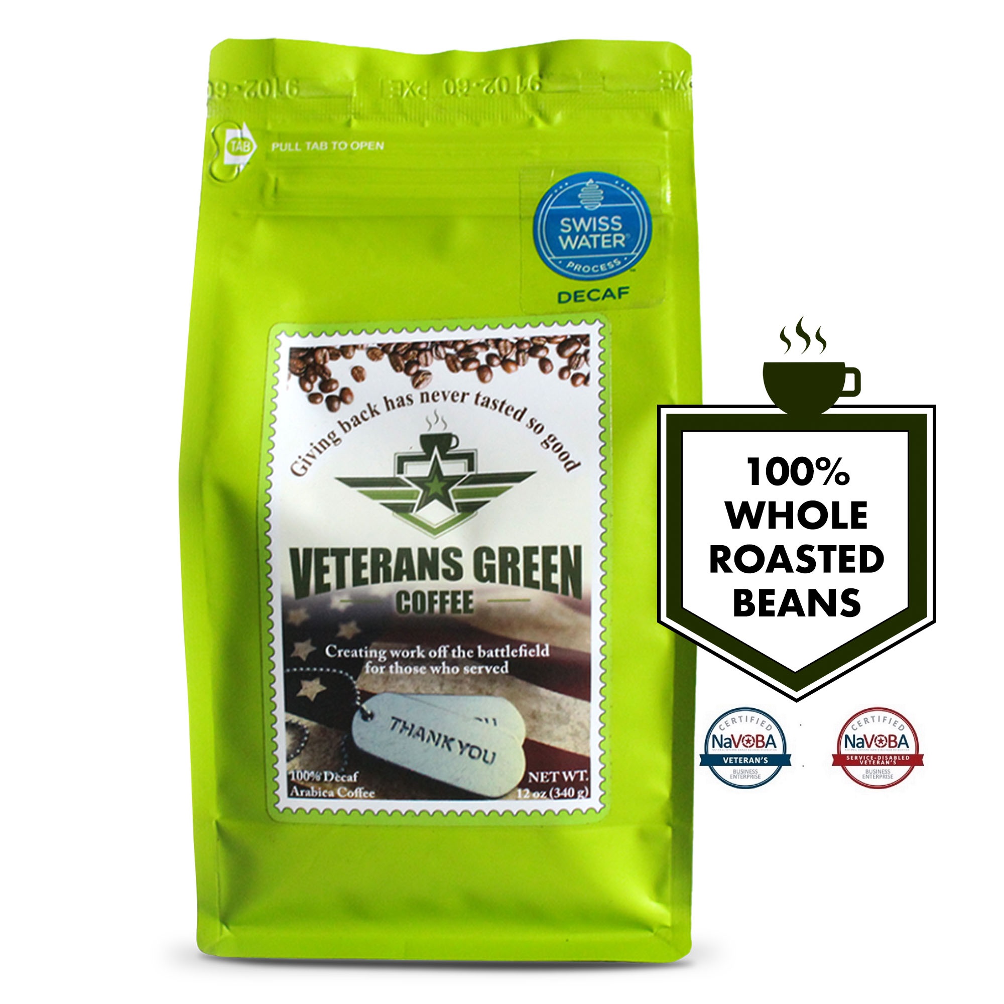 Veteran’s Green Coffee Decaffeinated Roasted Coffee Beans, Exotic and