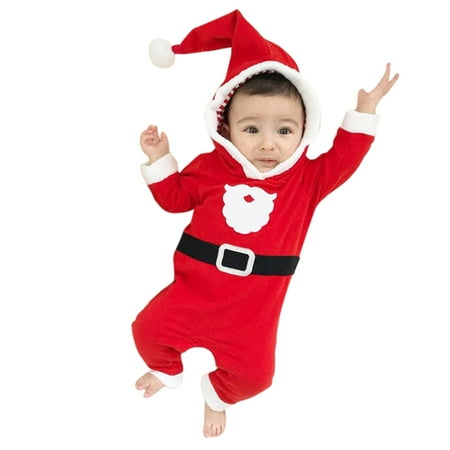 

TAIAOJING Baby Romper Girls Boys Set Santa Striped Hooded Jumpsuit Christmas Clothes Outfit Onesie Outfit 12-18 Months