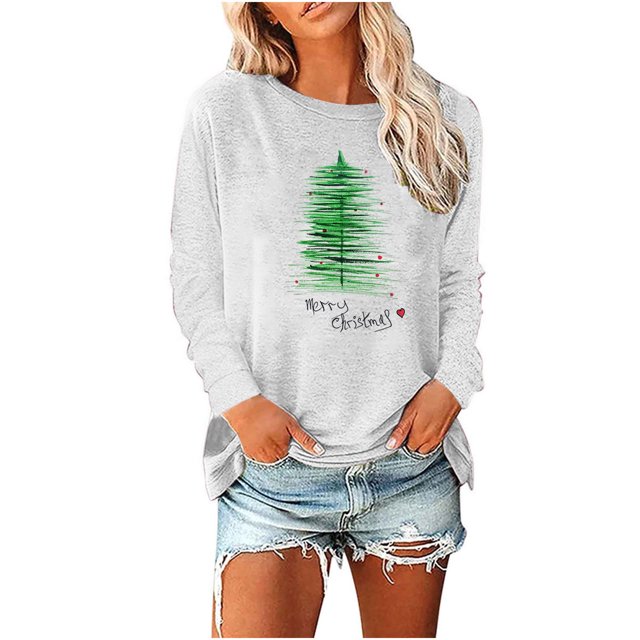 Birdeem Women's Round- Neck Christmas Printing Recreational Long Sleeve Tops