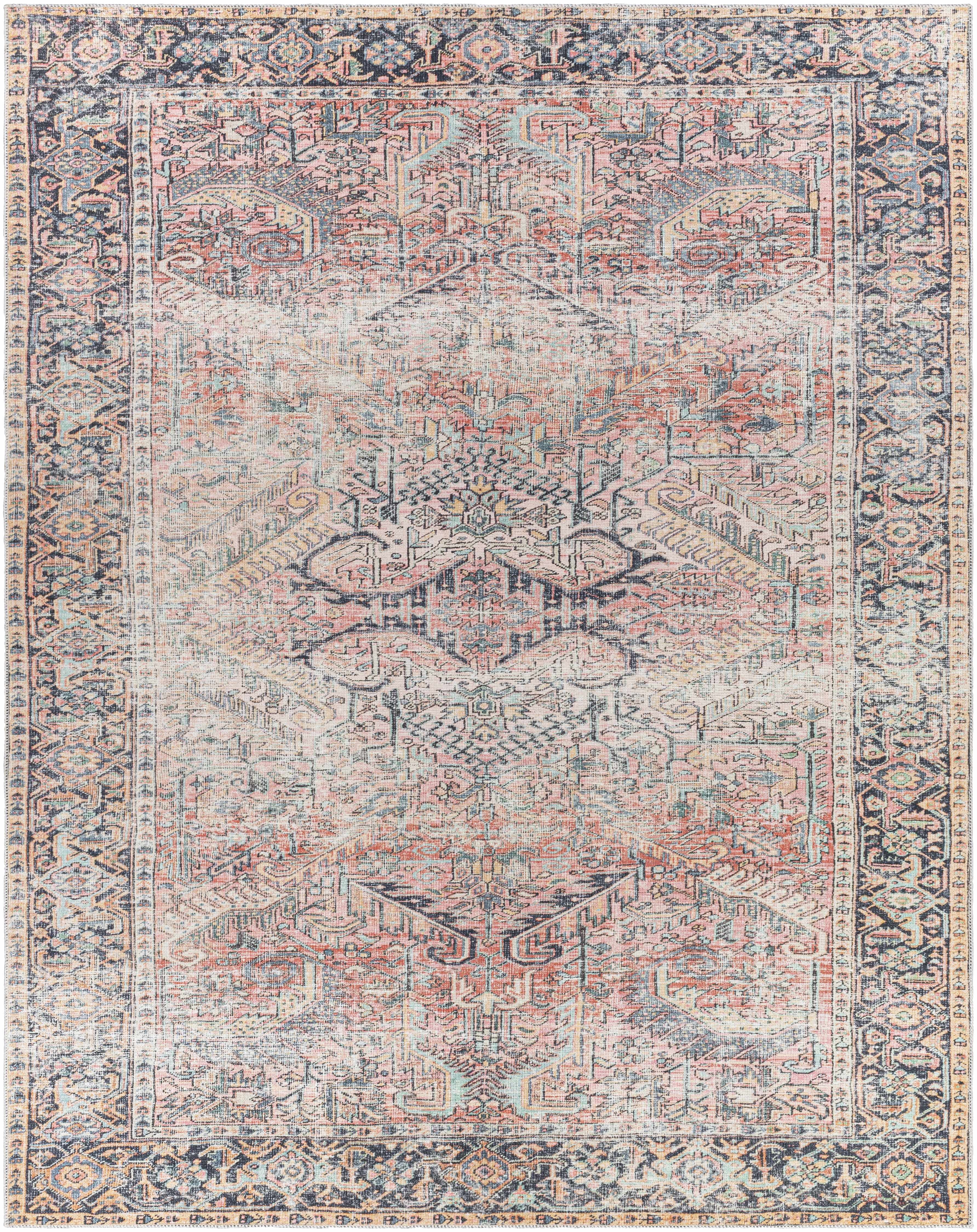 Hauteloom Kemer Machine Washable Area Rug for Living Room - Vintage Distressed Faded - Oriental Bohemian Traditional Bordered Carpet -Pet Friendly- Pink, Light Red, Blue - 7'6" x 9'6"