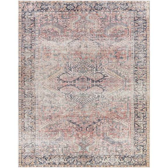 BoutiqueRugs Washable Pink Oriental Traditional 5x7 Area Rug Dusty Coral Off White Pale Blue Navy Mustard Sage Peach Dunsha Living Room Bedroom Dining Room Home Office Apartment 5'3" x 7' Easy Clean