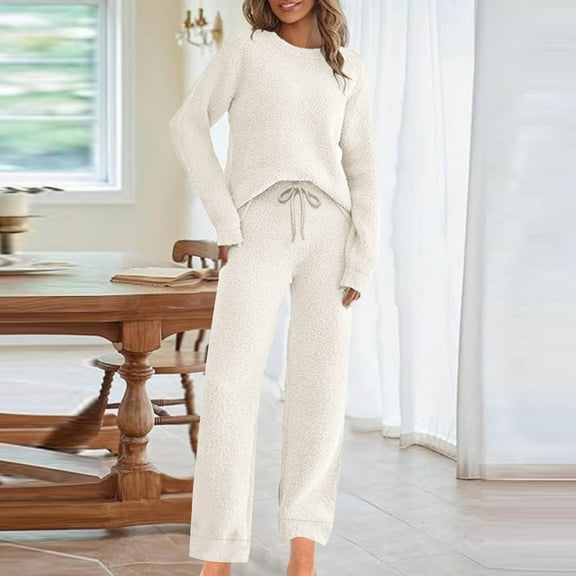 Xdegoge Fleece Lounge Sets for Women 2 Piece Plus Size Lounge Matching Clothes Cozy Long Sleeve Crewneck Pullover Tops Comfy Soild Outfits High Waisted Straight Leg Pants Winter Trendy Loungewear