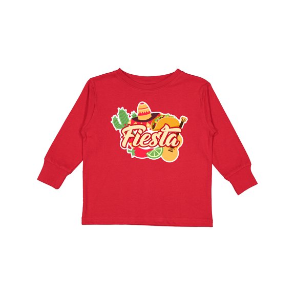 Inktastic Fiesta with Sombrero Taco Cactus Lime Red Pepper and Guitar in Background Boys or Girls Long Sleeve Toddler T-Shirt