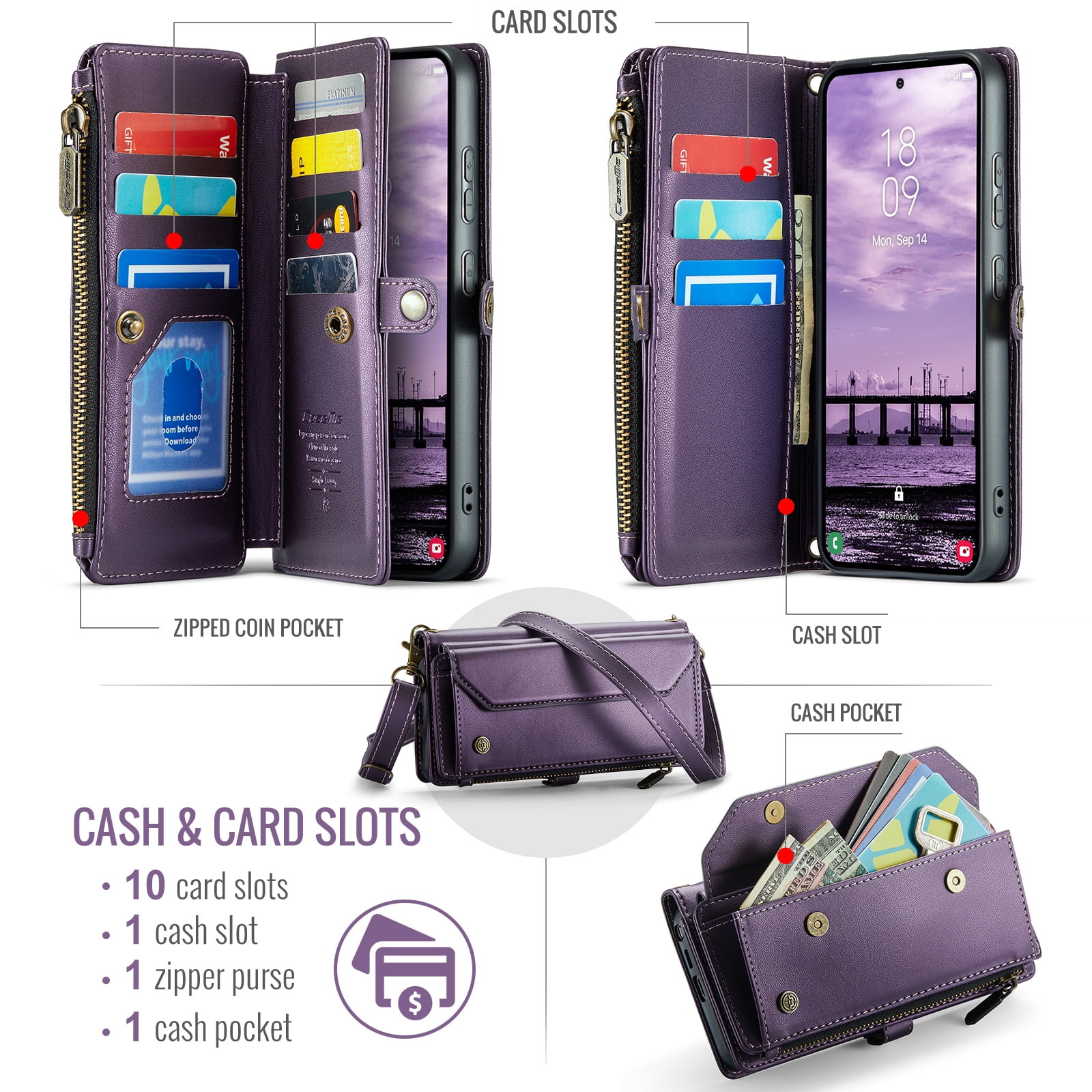 Decase Wallet Case for Samsung Galaxy S26,Flip RFID Blocking Shockproof TPU Cover with 10 Card Slots,Cash Slot,Zipper Coin Pocket,Crossbody PU Leather Phone Cover,Purple