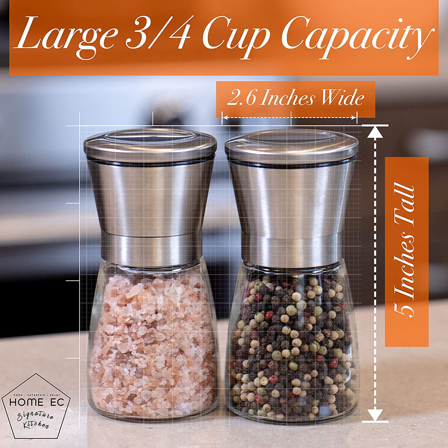 Gling Salt and Pepper Grinder Set - Refillable Sea Salt & Peppercorn Stainless Steel Shakers - 75 inch