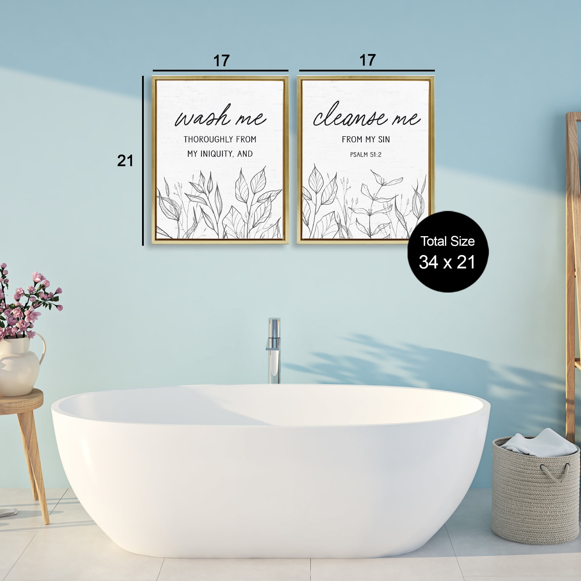 Wash & Cleanse Me Scripture 2 Piece Gold Framed Floater Canvas Set, design by Lettered and Lined