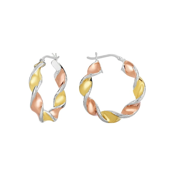 Tilo Jewelry Sterling Silver Tri-Color Twisted Round Hoop Earrings for Women - 1 Inch