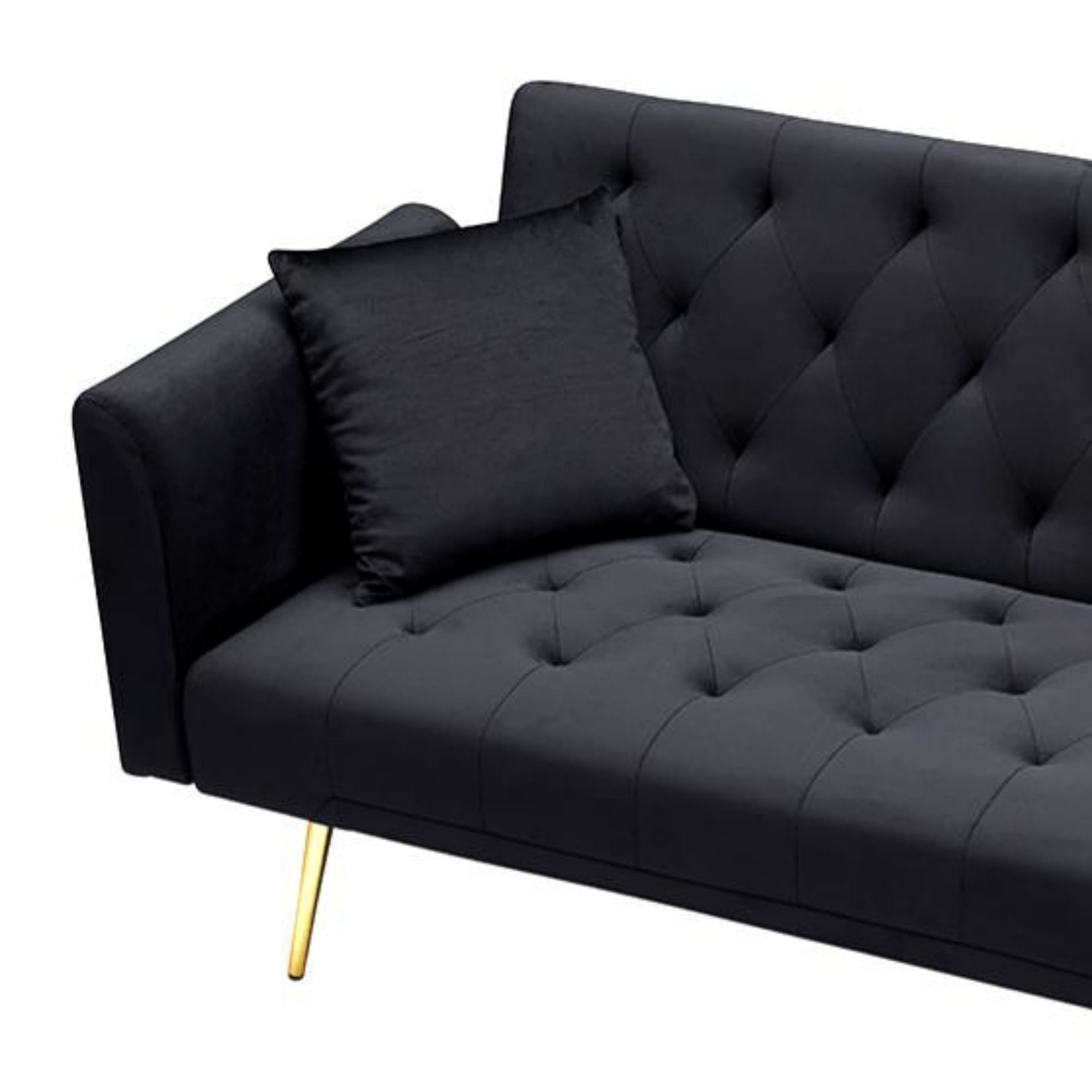 Jopath Velvet Futon Sofa Bed,Convertible Sleeper Couchwith Adjustable Backres & 2 Pillows for Small Spaces,Living Room,Black03