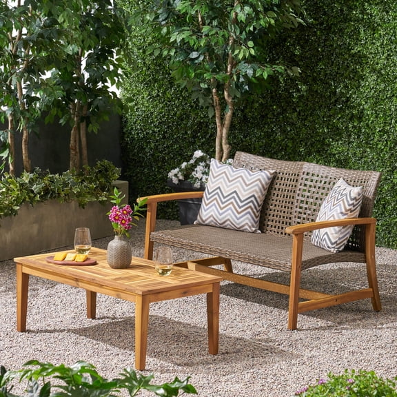 GDF Studio Beacher Outdoor Wood and Wicker Loveseat and Coffee Table Set, Mixed Mocha