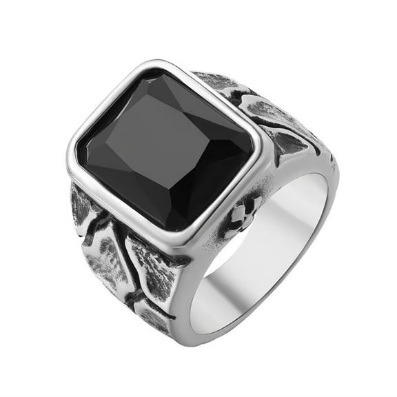 PAMTIER Men's Stainless Steel Silver Black Vintage Cubic Zirconia Thumb Ring Band Black Size 7