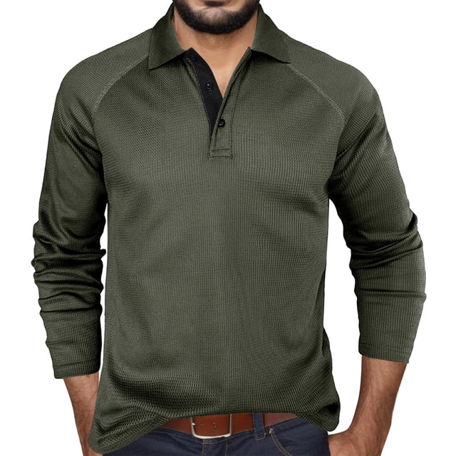 Camisa de manga larga para hombre, otoño-invierno, color liso, solapa a cuadros, botones, manga raglán, para ocasiones informales, de negocios y fiestas