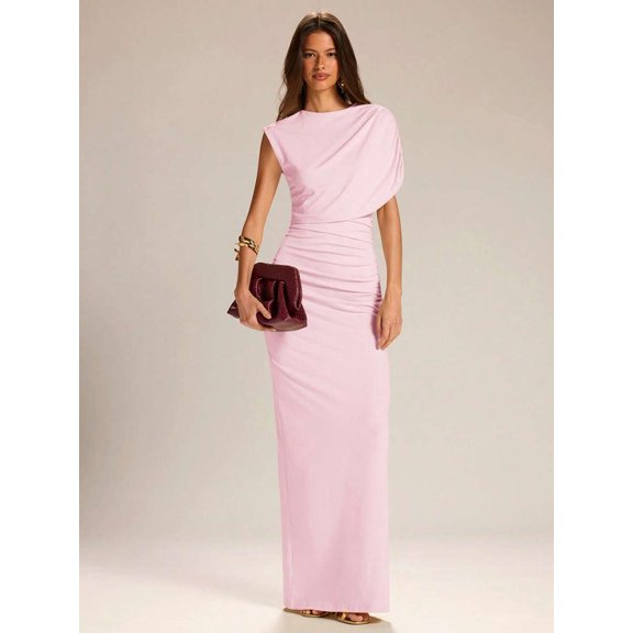 Coral Pink Asymmetrical One-Shoulder Bodycon Maxi Dress, Elegant Evening Guest Dress