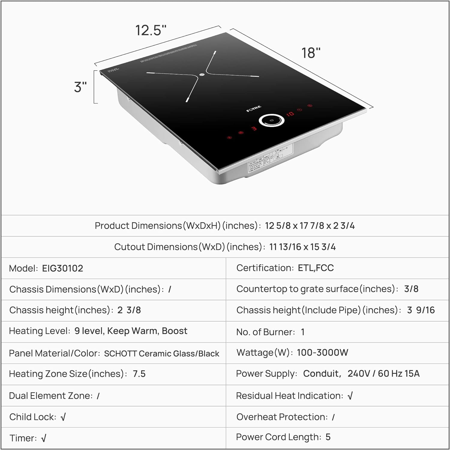 FOTILE 12 Inch Induction Cooktop with 3000W Output Power and 9 Power Levels