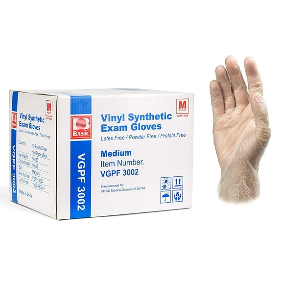Basic Medical Clear Vinyl Exam Gloves Powder-Free, Medium - 100 Per Box