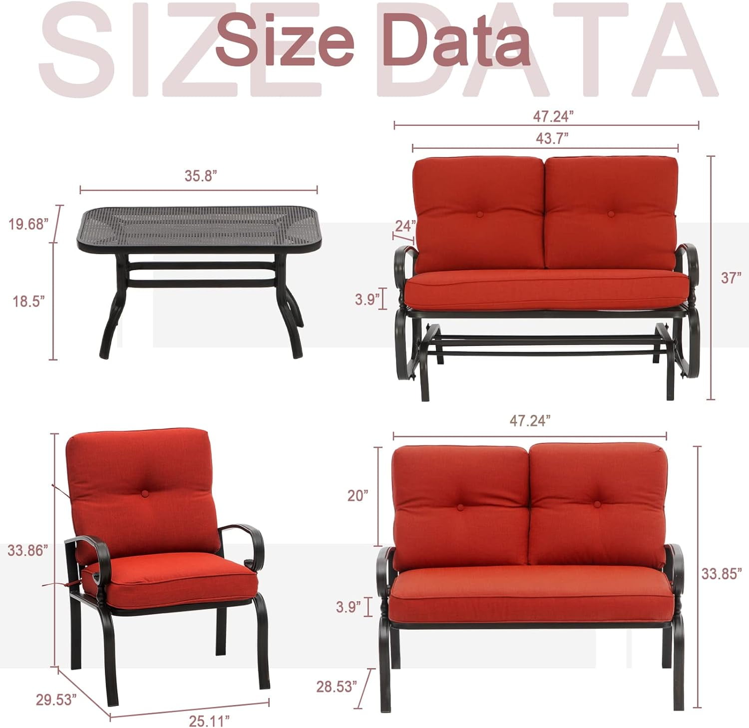 SOLAURA 5-Piece Outdoor Metal Furniture Set Patio Wrought Iron Conversation Set (Patio Swing Glider, 2 Patio Chairs, Loveseat with Coffee Table), Red