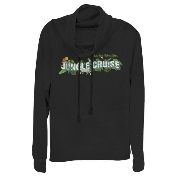 Junior's Jungle Cruise Wish You Were Here Postcard Logo  Cowl Neck Sweatshirt Black X Large