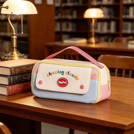Handheld Color Block Pencil Case Multi-Layer Stationery Bag Stylish Cute Pen Pouch With Handle Durable Polyester Material