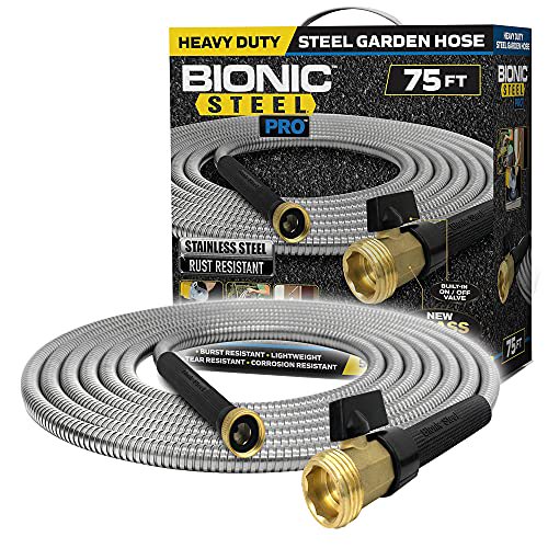 Bionic Steel PRO Tuyau de Jardin - Tuyau de Jardin en Acier Inoxydable 304 de 75 Pieds - Tuyau de Jardin Robuste Léger, Sans Pli, Plus Résistant Que Jamais avec Raccords en Laiton et Vanne Marche/arrêt - Modèle 2021
