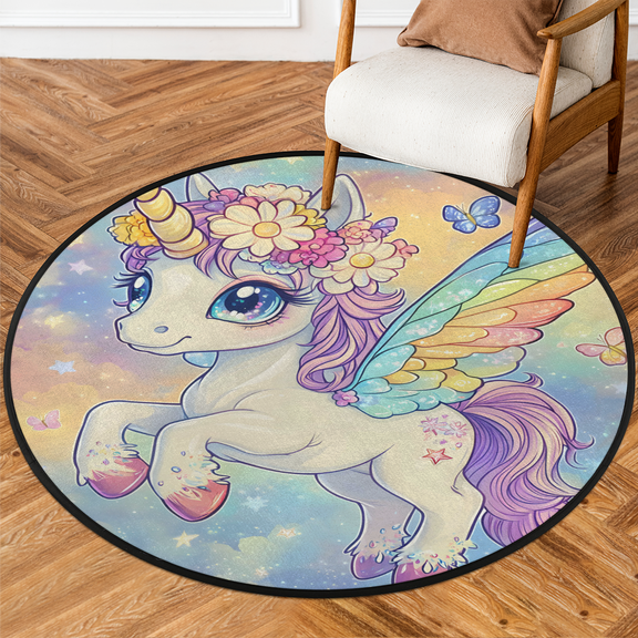 CURLYOOT Round Rug 3ft Cute Cartoon Animal Unicorn Area Rug, Washable Circle Mat Non Slip Floor Carpet Mat, Soft Indoor Rugs for Entryway Living Room Dining Room Bedroom