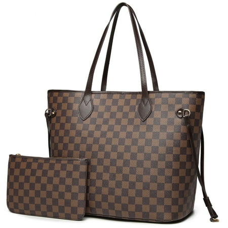 Mila Kate Womens Brown Checkered Tote Shoulder Bag Purse With Inner Pouch - PU Vegan Leather Shoulder Satchel Fashion Bags