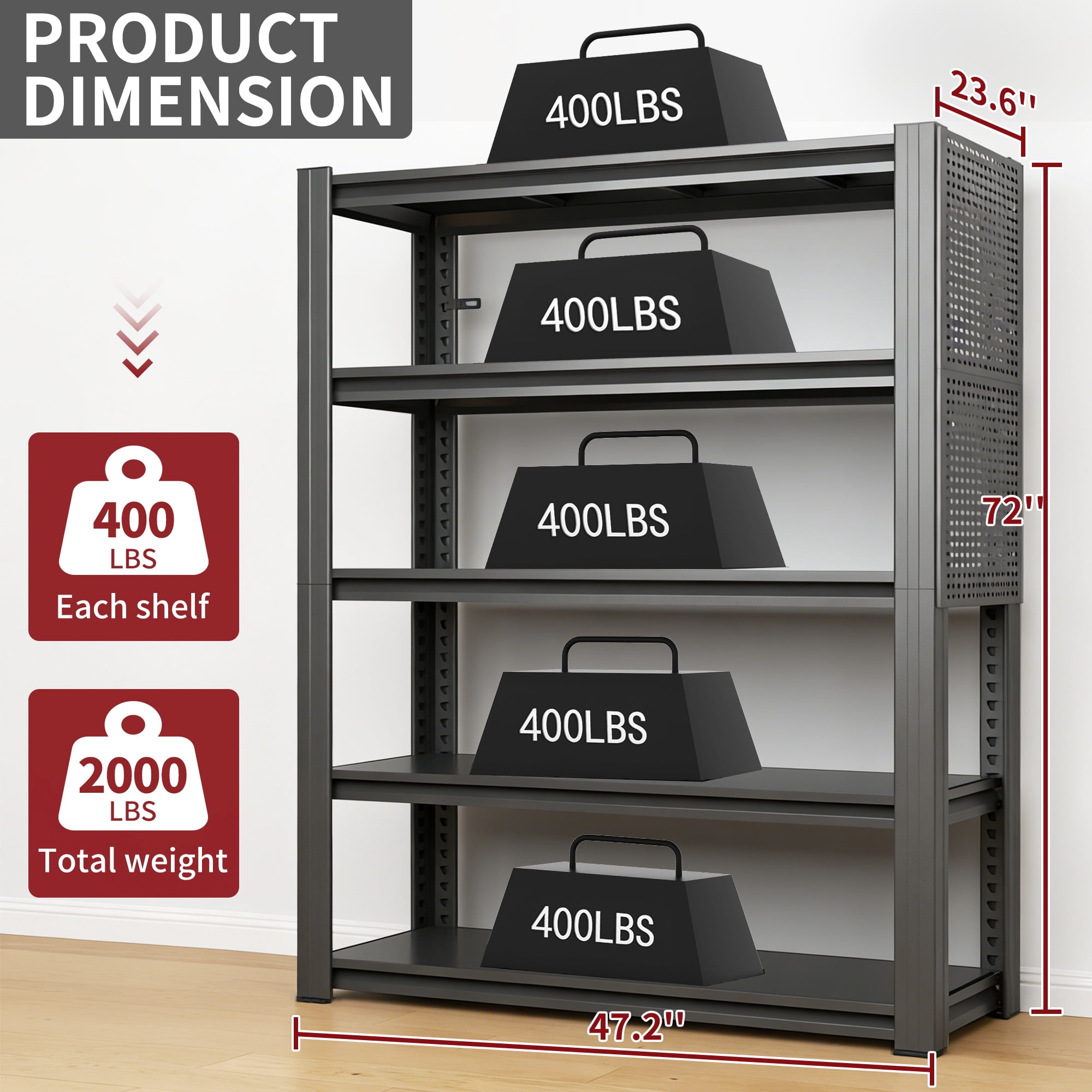 Xiweot 5-Tier Heavy Duty Metal Storage Shelving with Pegboard,2000lbs Capacity Adjustable Industrial Metal Shelving Unit,Freestanding Storage Rack for Garages,Warehouses,Pantry,47.2"W x 23.6"D x 72"H