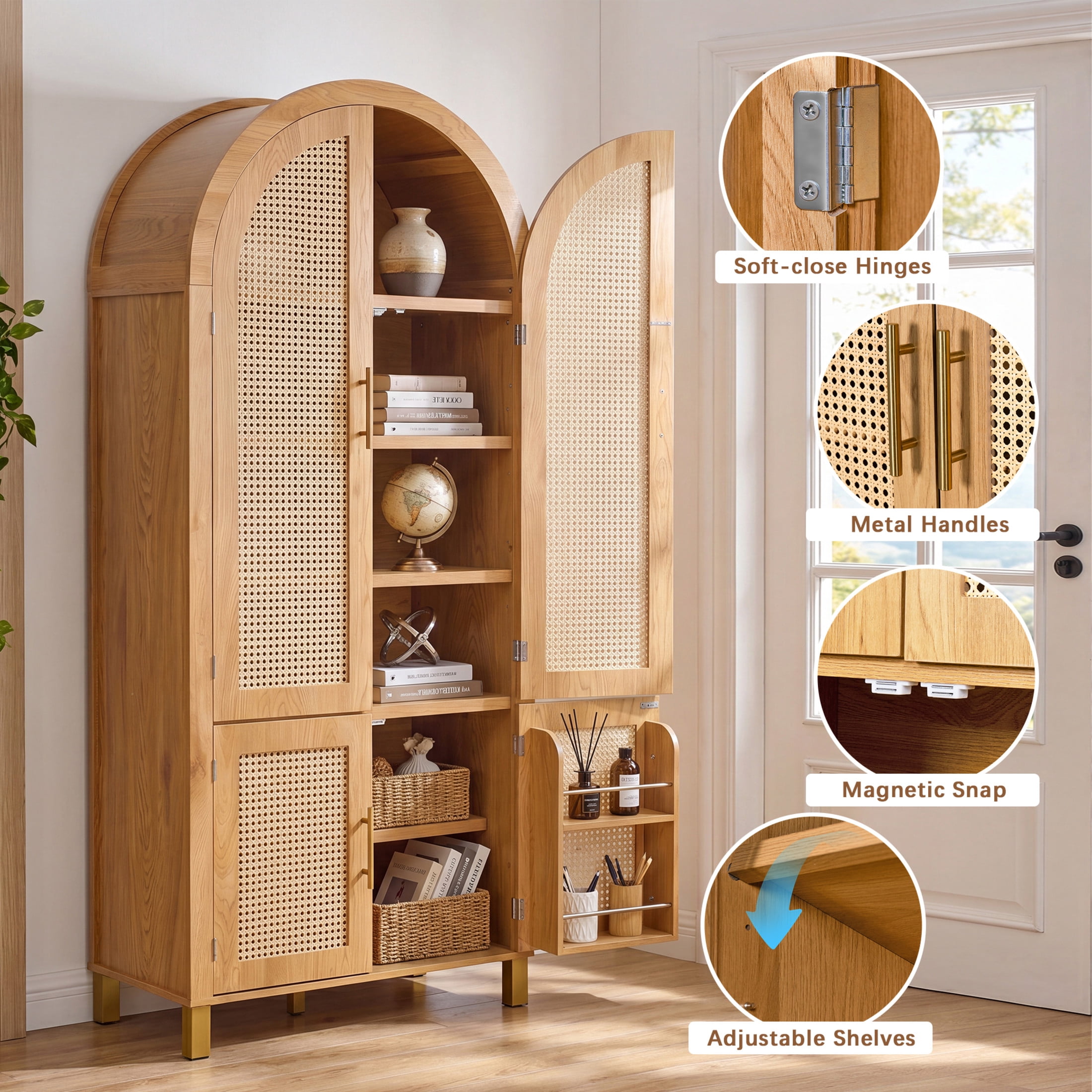 Noble House 71" Farmhouse Arched Storage Cabinet with Rattan Doors, Adjustable Shelves, Oak