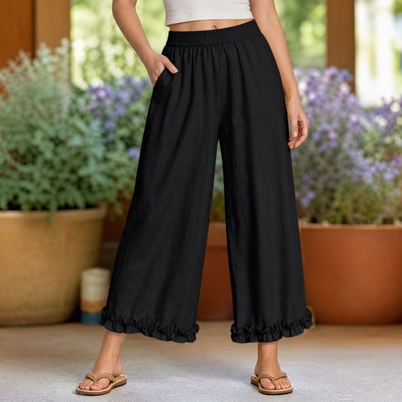Dolkfu Black Women'S Pants Cropped Wide-Leg Ruffle Mid-Waist Joggers Pants Solid Modern Loungewear Elastic Waist Pants Black,L