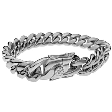 15mm Wide Silver Stainless Steel Cuban Link Bracelet - Men's Rombo Chain Jewelry