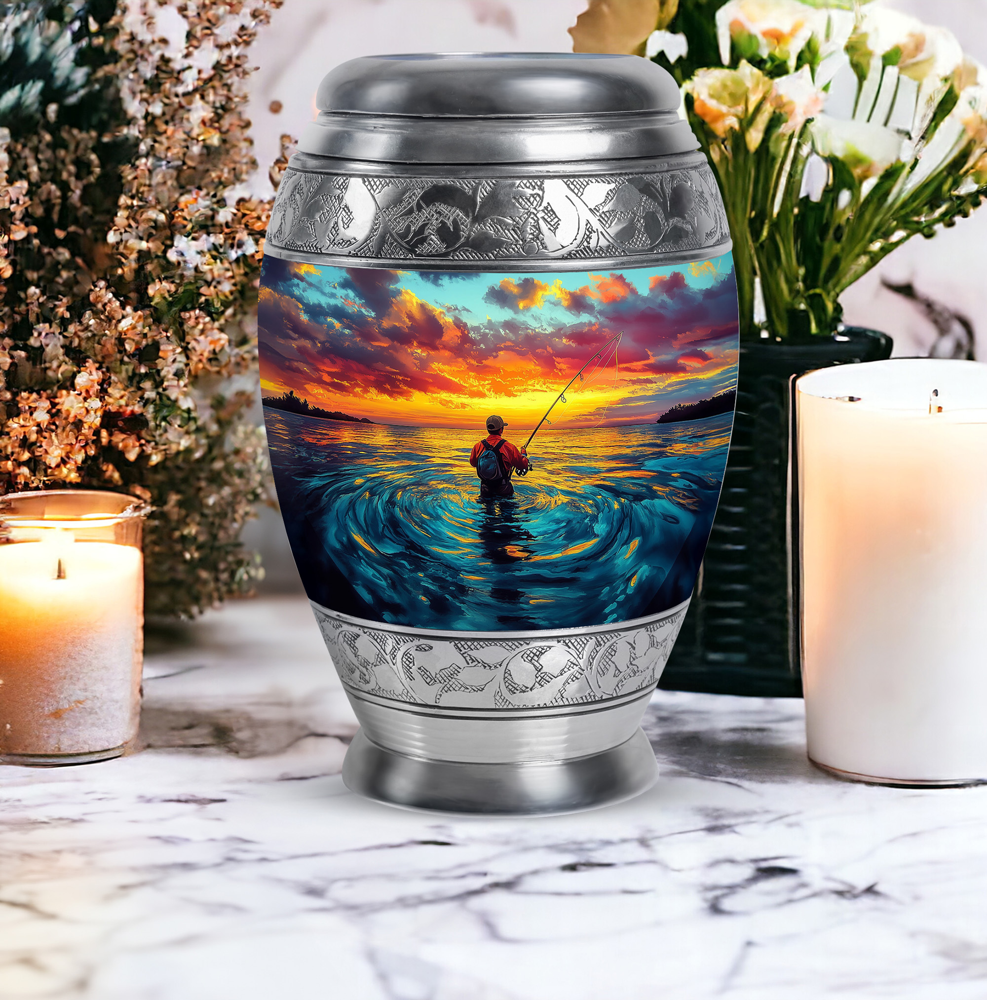 SABURIAL Fishing Urn - Decorative Cremation Urns - Keepsake Urns For Human Ashes Adult Male - Large Burial Urn For Ashes For Women & Men - Combo Of 10 Inch & 3 Inch