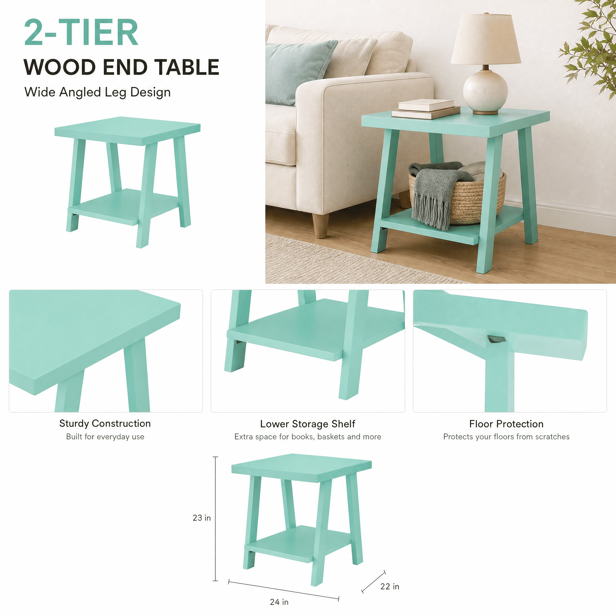2-Tier Wood End Table with Lower Storage Shelf, Wide Angled Leg Manufactured Wood Side Table 24×22×23 Inch for Living Room