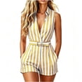 thumbnail image 2 of Miluxas Women's Striped Sleeveless Rompers Collared V Neck High Waisted Loose Short Jumpsuits Business Casual Y2K Overalls with Belt & Pockets Yellow, 2 of 8