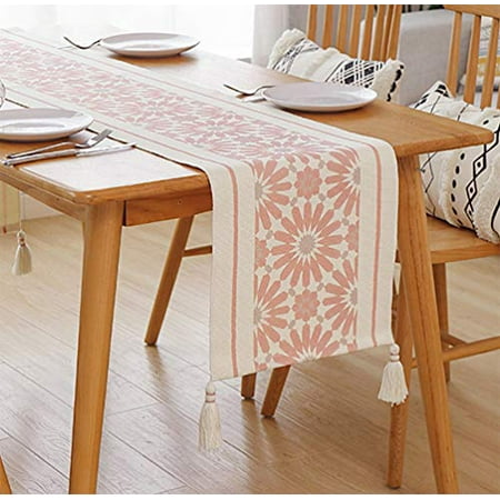 

Fennco Styles Flower Print Braided Tassel Cotton Table Runner 14 W x 87 L - Pink Table Cover for Home Dining Table Banquet Family Gathering and Special Occasion