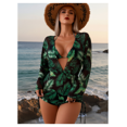 thumbnail image 2 of Women's Swimsuit 3 Piece Tropical Leaf Print - Sun Protection Swimsuit with Lace-Up Bikini & Rash Guard - Casual Beach Vacation Swimwear, 2 of 5