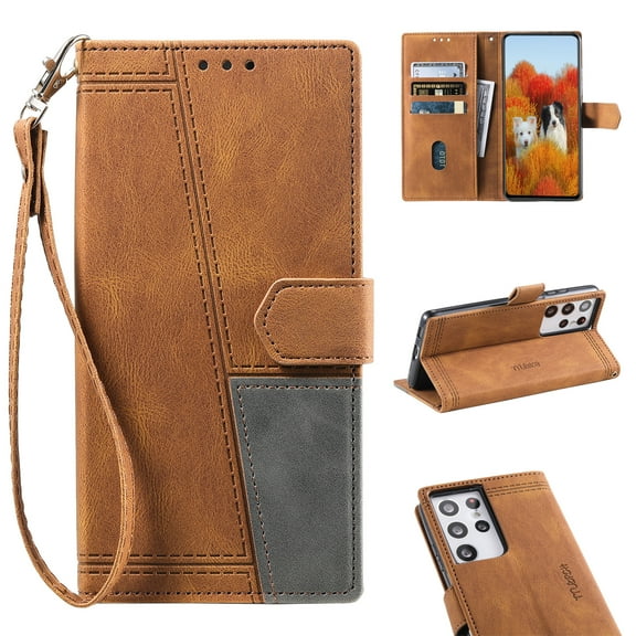 Allytech Wallet Case for Samsung Galaxy S21 Ultra (6.8"), Premium PU Leather Card Holder [RFID Blocking] Flip Folio Kickstand Magnetic Closure Wallet Hand Strap Case for Galaxy S21 Ultra 2021, Brown