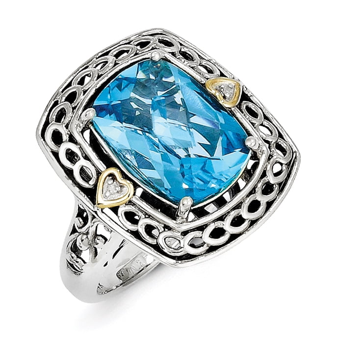 Sterling Silver w 14k Diamond & Blue Topaz Ring by Saris and Things QG