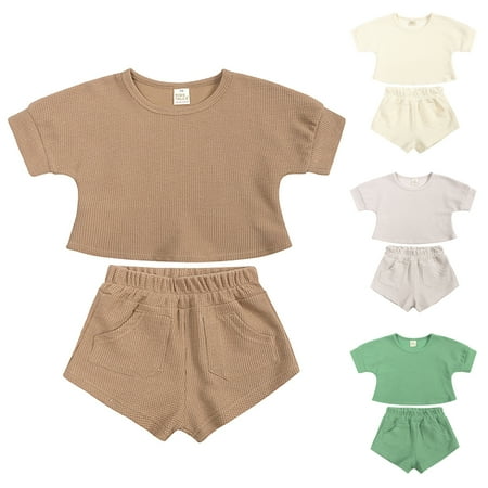 

SILVERCELL Summer Toddler Baby Boy Girl Clothes Set Unisex Waffle Outfits Solid Short Sleeve Tops Shorts 2PCS 6M-4T