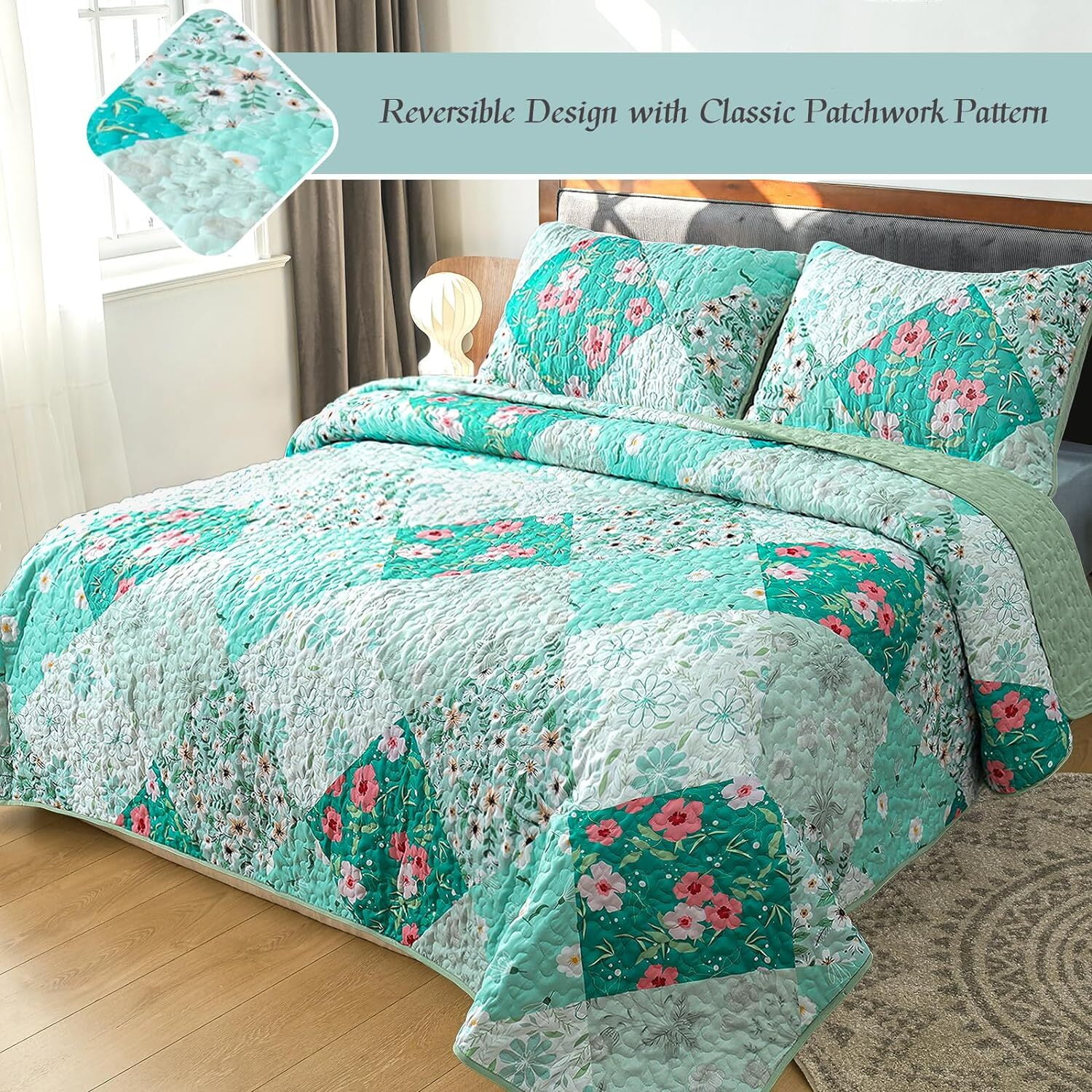 Whale Flotilla Reversible Patchwork Quilt Set King Size, Lightweight Boho Printed Bedspreads Coverlets Quilts Bedding Set with 2 Pillow Shams for All Seasons, Light Green