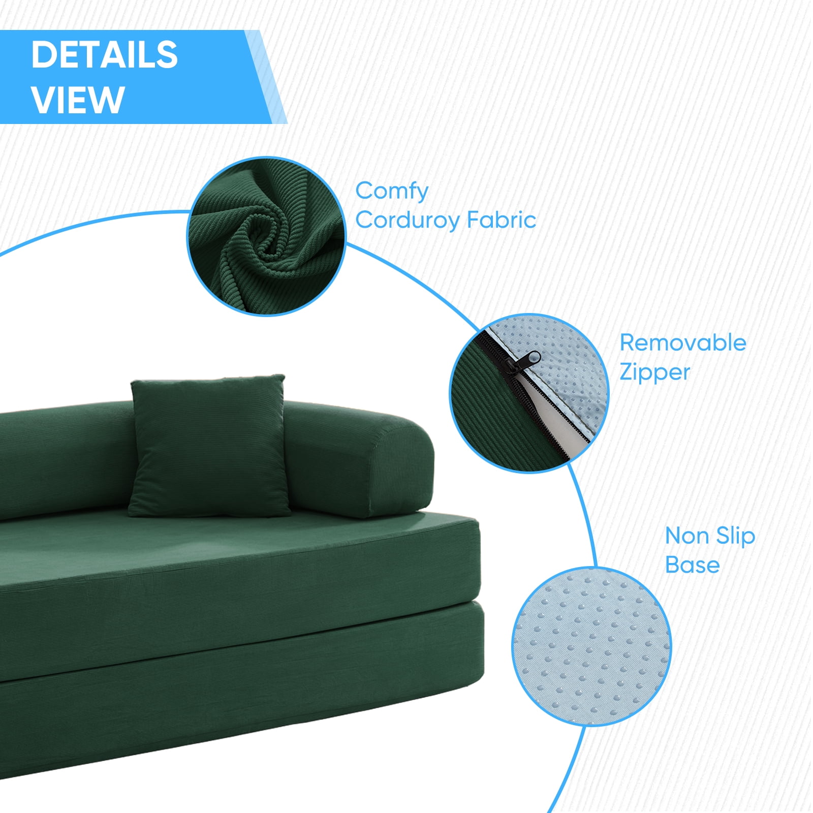 ZAFLY Folding Sofa Bed | Convertible Futon Sleeper Couch | Modern Floor Mattress | Corduroy Sofas and Couches for Living Room - Green