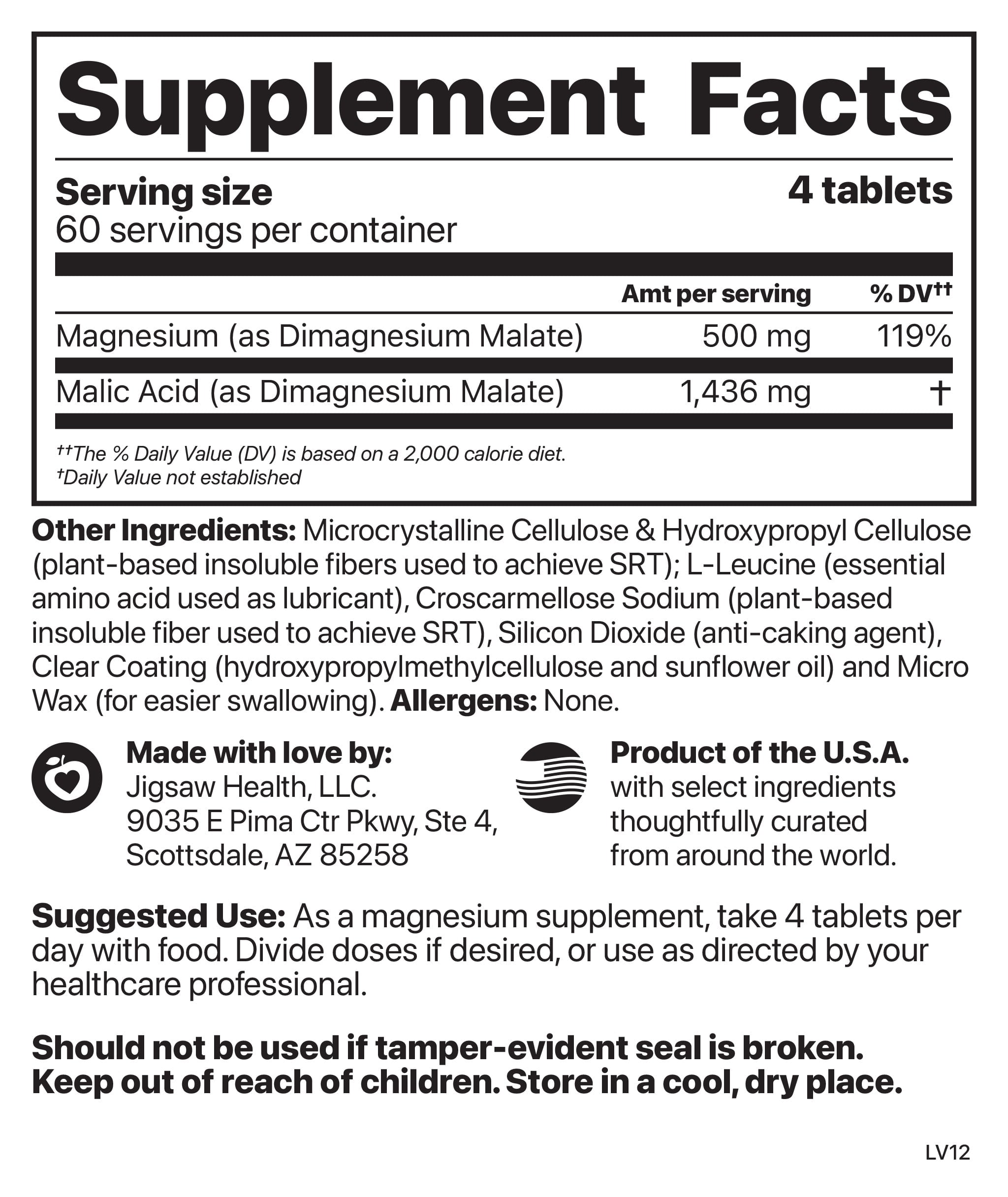Jigsaw Health MagSRT B-Free | Slow-Release Magnesium Malate Tablets for Healthy Energy and Muscle Support with B-Vitamin Co-factors, 240 Count