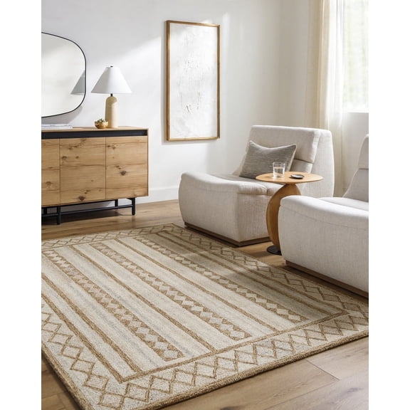 Livabliss Wool Rugs for Living Room, 5x7 Bournemouth Global Beige Area Rug, Bedroom Dining Room Home Decor Handmade Carpet (5' x 7'6")