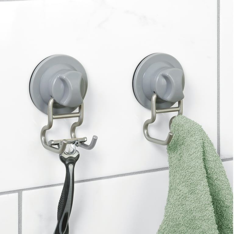 Satin Nickel Shower Mirror and Metal Hooks, Better Homes & Gardens Rust-Resistant Power Grip Pro Suction or Adhesive Mount - Dual Hooks, 2-Pack
