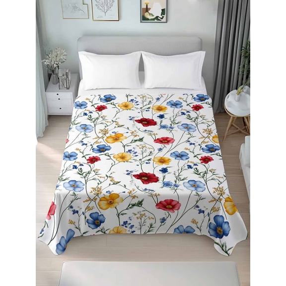 Spring Floral Queen Size Flat Sheet, Wrinkleproof & Fadeproof Cooling Flat Bed Sheet Only, Elegant Watercolor Botanical Flower Breathable Soft Bedding Top Sheets 90 x 102 Inches