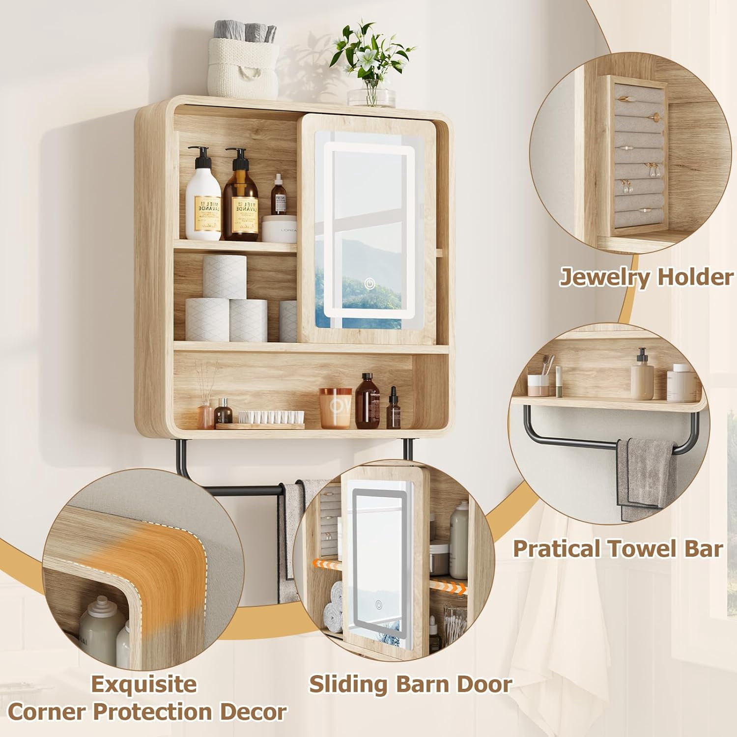 Vecenuy Modern Bathroom Wall Cabinet with Mirror, over-The-Toilet Storage & Towel Bar, Sliding Door, 3 Lighting Modes & Adjustable Brightness, Natural Oak