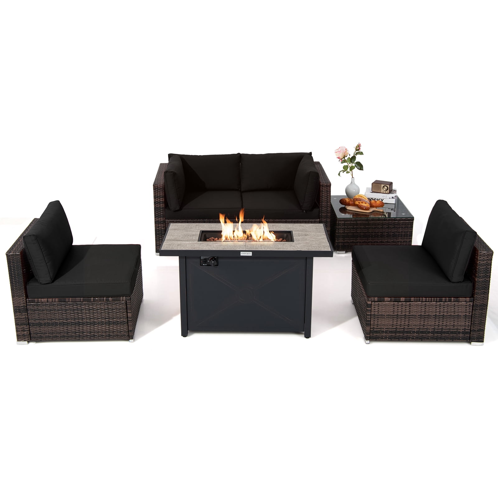 Costway 6PCS Patio Furniture Set Rattan Cushioned Sofa Gas Fire Pit Table Black